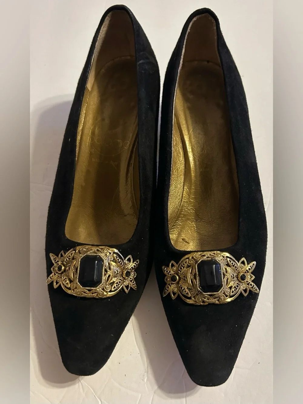 Black Suede vintage Paloma Pointed Toe Flats with Gold Ornate Buckle